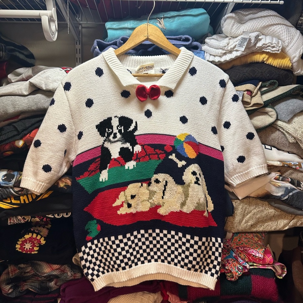 Vintage Susan Bristol Grannycore Chunky Knit Playful Dog Themed Sweater